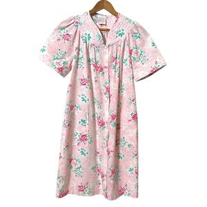 Housecoat Robe Grannycore Pink White Floral White Button Snap Front Pockets Sz S